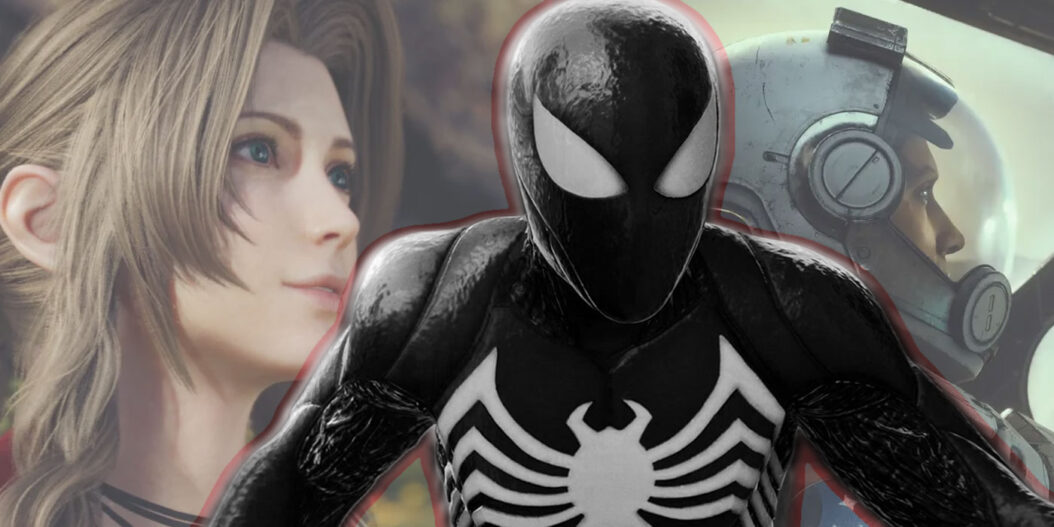 A featured image of Spider-Man in his black suit, Aerith Gainsborough and Starfield's player character.