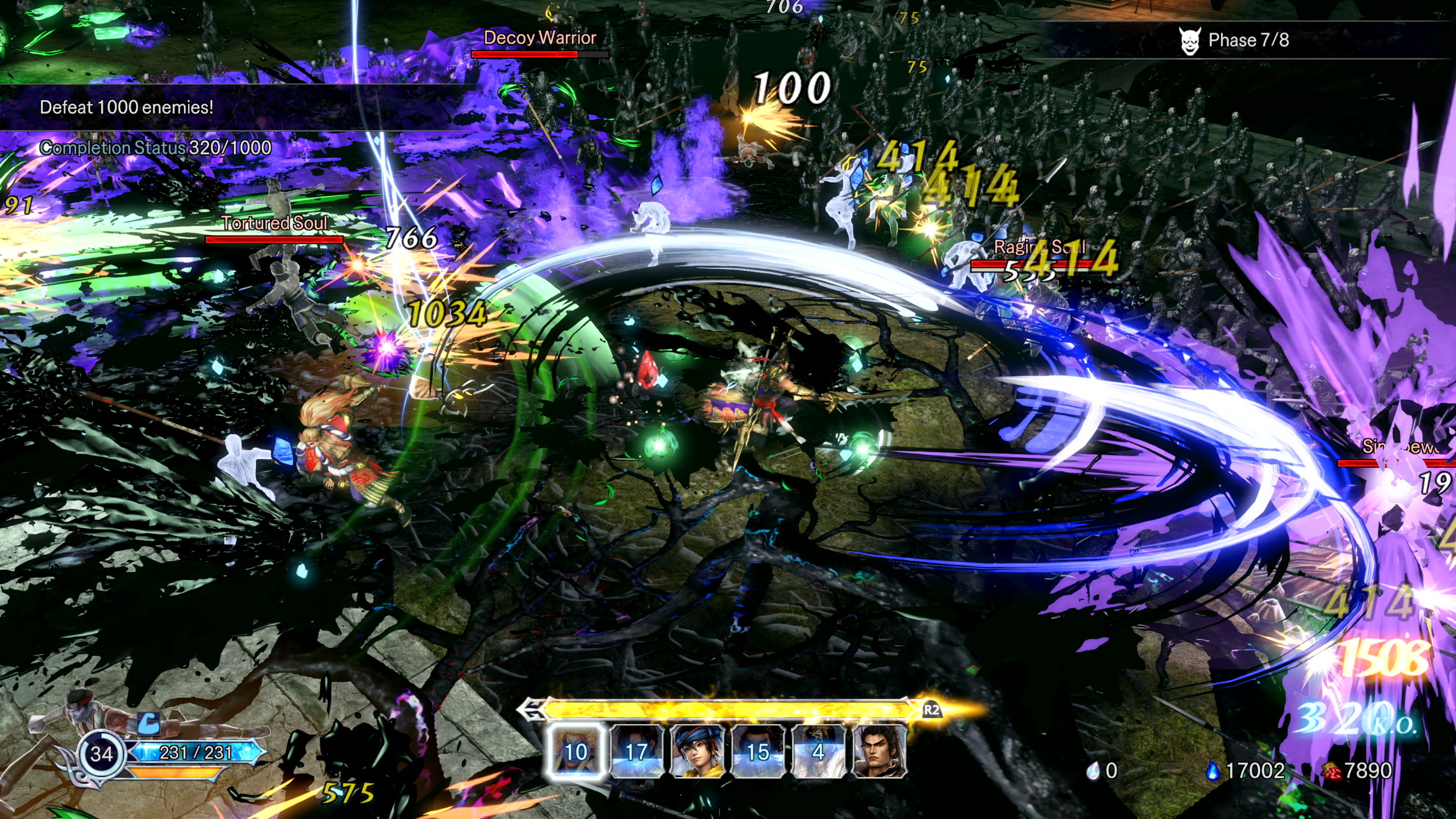 A shot of combat from Warriors: Absyss, depicting several characters fighting waves of enemies.