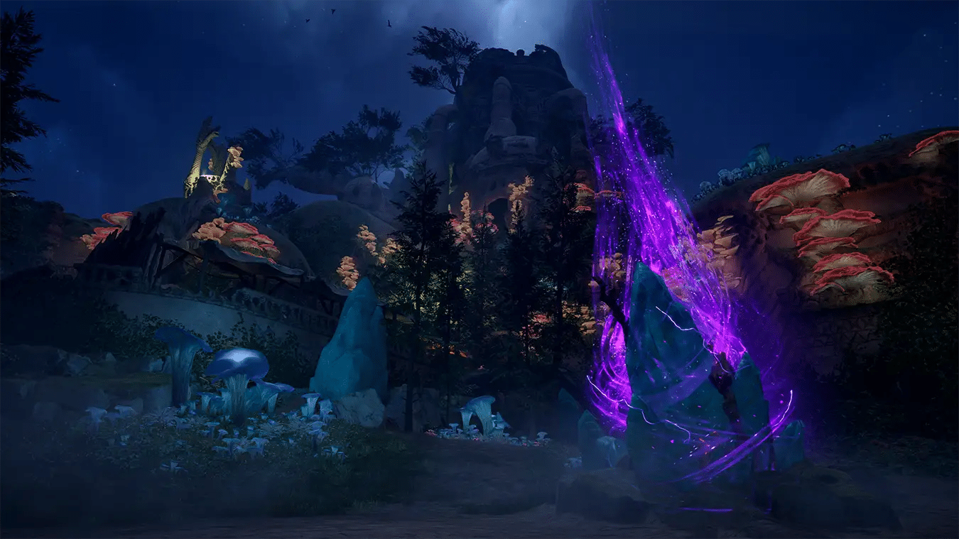 An Adra pillar as seen at night in Avowed