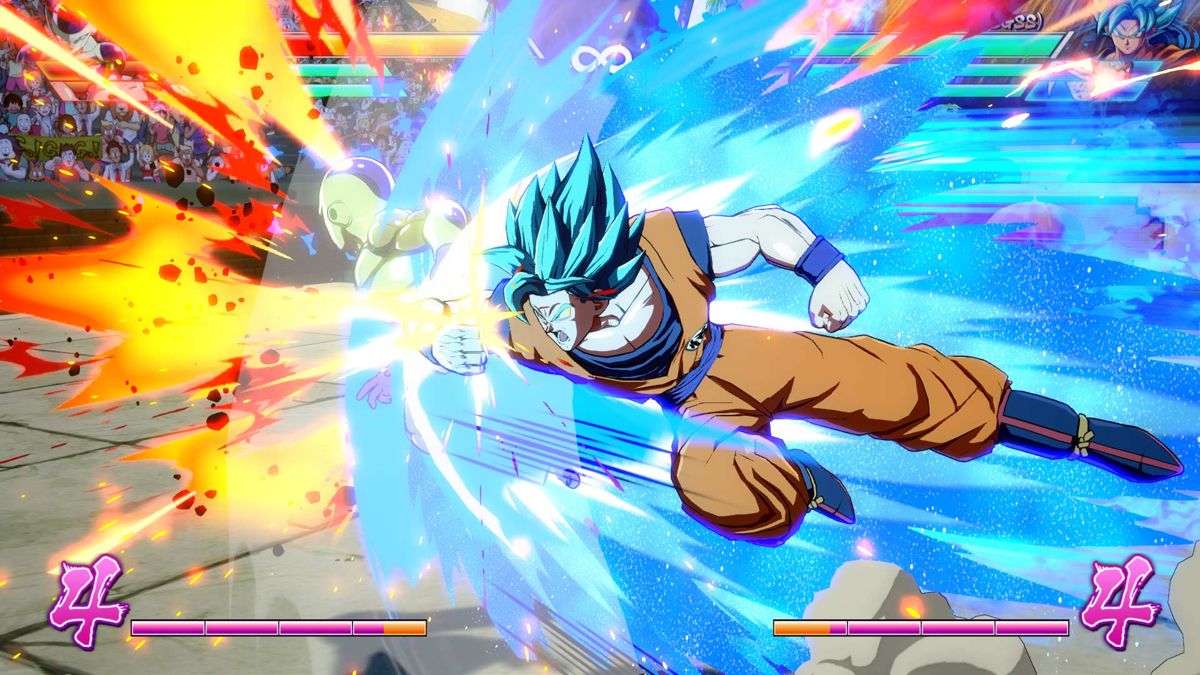 Super Saiyan Blue Goku and Golden Frieza duke it out in Dragon Ball FighterZ